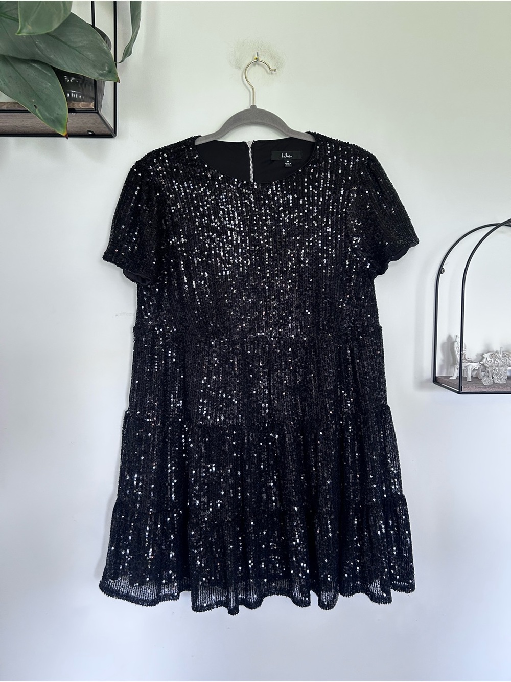 Lulus Black Fully Sequin Short Sleeve Shift Dress Size Medium
